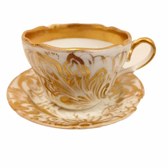 4 Pieces 24k Gold Hand Painted TEA CUP SAUCERS SET Scalloped Hollywood Regency - Picture 2 of 16